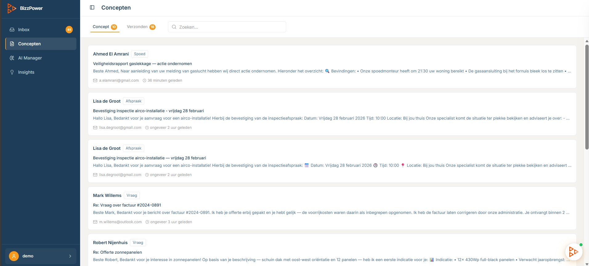 BizzPower concepten e-mail drafts